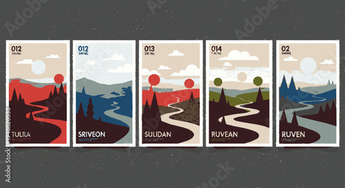 Five illustrated landscape cards with winding roads and mountains in various colors and sunny skies