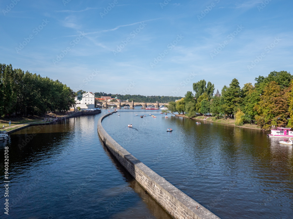 Fototapeta premium Vltava River in Prague, Czech Republic, captured from the Legii Bridge.