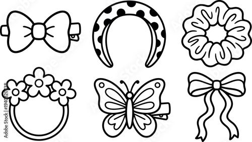 Line art vector set of six girls hair accessories including polka dot headband, butterfly clip, floral crown, scrunchie, ribbon bow