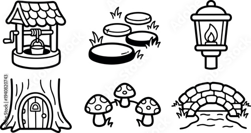 Line art vector icon set six garden elements close up well bucket, stepping stones, lantern, tree door, mushrooms, stone bridge