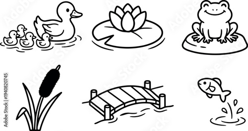 Line art pond icons with mother duck and ducklings, lily pad lotus, smiling frog, cattail, arched bridge and leaping fish