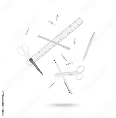 Fényképezés Different white stationery falling against white background