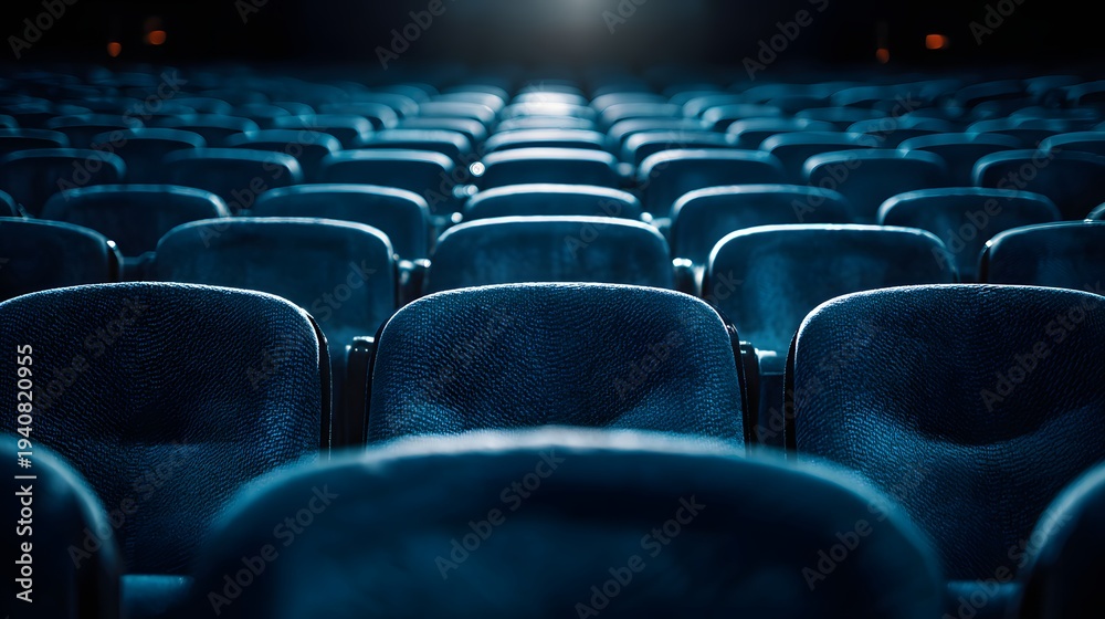 Naklejka premium Empty Blue Cinema Seats in a Dark Auditorium Ready for a Movie.