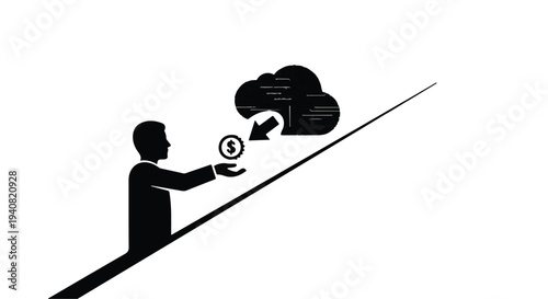 Businessman pushing dollar coin into cloud storage, symbolizing financial data security and digital payment concept in modern corporate setting