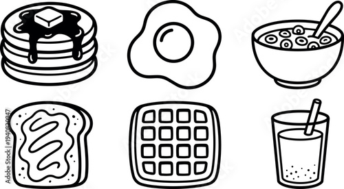 Minimalist line art breakfast icon set showing six items including pancakes with syrup, fried egg, cereal bowl, toast, waffle, milk
