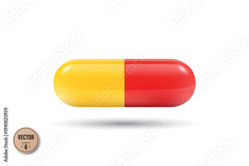 Vector 3d Realistic Yellow and Red Capsule Pill, Isolated. Medicine Capsule Icon. Pharmaceutical Capsule Pill. Medical Drug Capsule. Vitamin Supplement Clipart