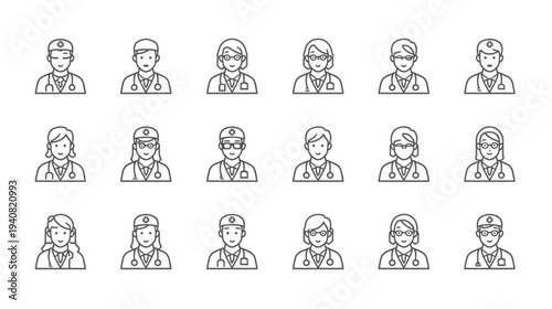 Diverse medical professionals icon sets in modern healthcare settings