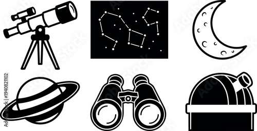 Flat design line art astronomy icon set close up telescope binoculars observatory dome moon planet constellations isolated black and white vector