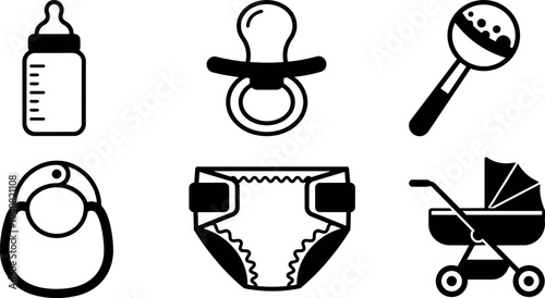 Flat design close up six baby icons set showing bottle pacifier rattle bib diaper stroller in simple black silhouette on white