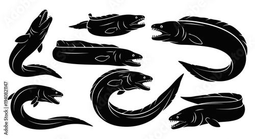 Set of Black and White Eel Silhouettes, Various Poses, Marine Life Illustration