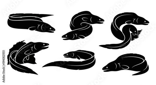 Set of Black and White Eel Silhouettes: Various Poses and Styles
