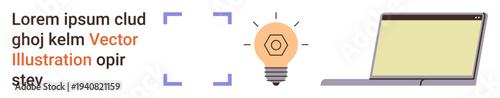 Creativity, technology, innovation, digital tools, brainstorming, online learning. A glowing light bulb symbol beside a laptop icon on a clean layout. Creativity and technology concepts