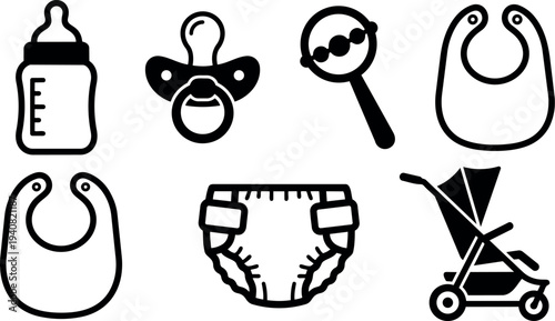 Line art close up baby icons set showing bottle, pacifier, rattle, bibs, diaper and stroller in simple black flat minimal vector