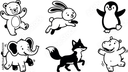 Cartoon line art playful animals including waving bear, hopping rabbit, penguin, elephant, prancing fox, dancing hippo in black and white