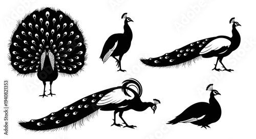 Set of Black and White Peacock Silhouettes in Various Poses
