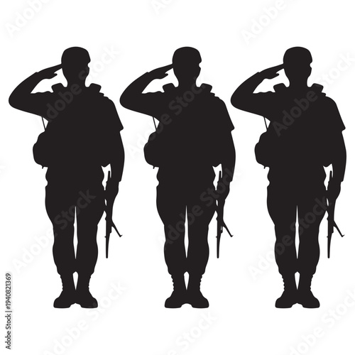 Three soldiers in uniform salute displaying respect and honor a silhouette