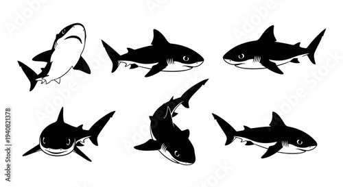 Set of Black and White Shark Silhouettes in Various Poses