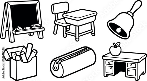 Line art vector classroom icons set showing chalkboard, student desk, bell, supplies, pencil case, teacher desk with apple front view