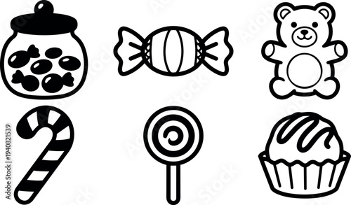 Minimalist line art candy icon set showing jar wrapped candy teddy bear candy cane lollipop cupcake in black outline christmas