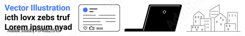 Identity verification, remote work, cybersecurity, technology, digital services, urban living. Icons of ID card, laptop and buildings. Identity verification and remote work concept