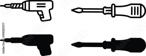 Set of metal drill bits and tools isolated on a white background with black silhouette icons of a handgun and antique rifle equipment vector illustration symbol