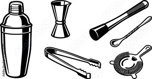 Line art vintage bar tool set with cocktail shaker jigger muddler bar spoon tongs and hawthorne strainer close up isolated vector