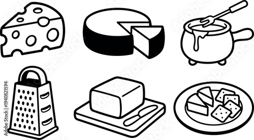Line art cheese icon set showing swiss wedge with holes, cheese wheel slice, fondue pot, grater, butter board, cracker plate