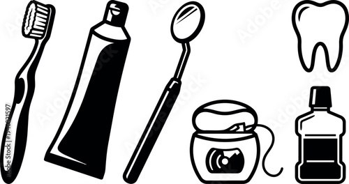 Line art dental hygiene icon set with toothbrush toothpaste mirror floss mouthwash and tooth in bold black vector layout flat