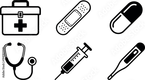 Flat line art medical icons set close up first aid kit bandage pill stethoscope syringe thermometer on white background minimal black