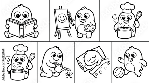 Whimsical kids doodle character set showing smiling chubby mascot reading painting cooking gardening sleeping and playing in outline