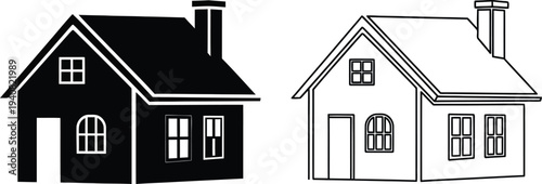 House icon set black and white line drawing isolated on transparent background, Vector
