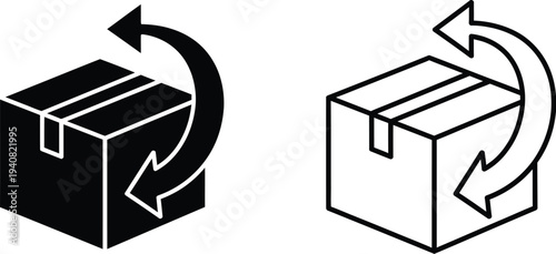 Black and white box icons with curved arrows isolated on transparent background, Vector