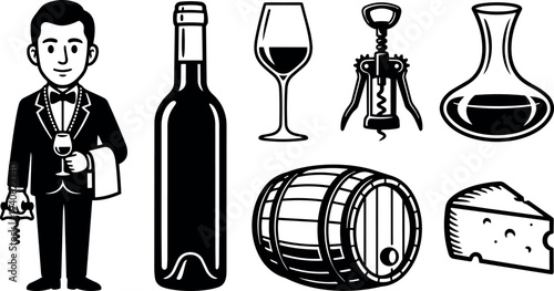 Line art sommelier holding wine glass and corkscrew with bottle decanter barrel and cheese set in black and white illustration