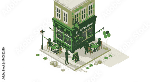 St patrick's day pub exterior with people green decorations and shamrocks on sidewalk