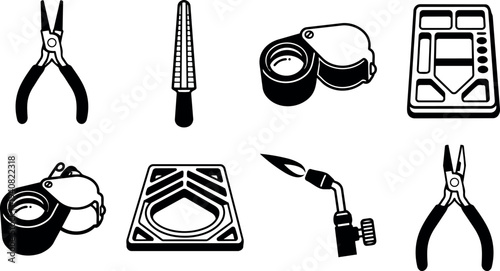 Flat design vector jewelry tools icon set close up assorted pliers loupe torch bezel tray soldering torch hand tool silhouettes clean