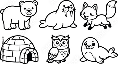 Line art top view cute arctic animals set includes bear walrus fox owl seals and igloo outline for coloring page