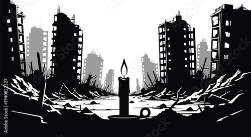 Black and white vector illustration of a burning candle amidst destroyed city ruins