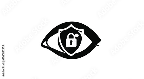 Security protection eye with shield and lock icon black and white illustration for safety and privacy concept