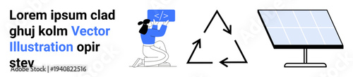 Renewable energy, programming education, technology advancement, sustainability, recycling, ecological development. Programmer coding, recycling symbol solar panel. Renewable energy and programming