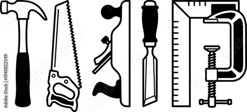 Flat design black and white workshop tool set showing hammer saw plane chisel square clamp front view isolated clean outline