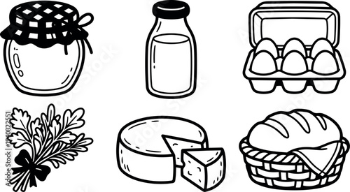 Hand drawn line art pantry icons set with jam jar, milk bottle, egg carton, herb bundle, cheese wheel, bread basket, close up