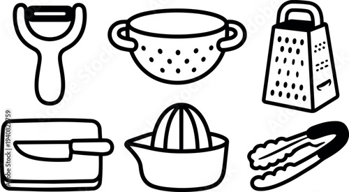 Line art kitchen tools icon set close up peeler colander grater cutting board knife citrus juicer tongs black outline hand drawn isolated
