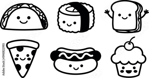 Line art kawaii vector six smiling food icons taco sushi sandwich pizza hot dog cupcake facing forward simple black strokes