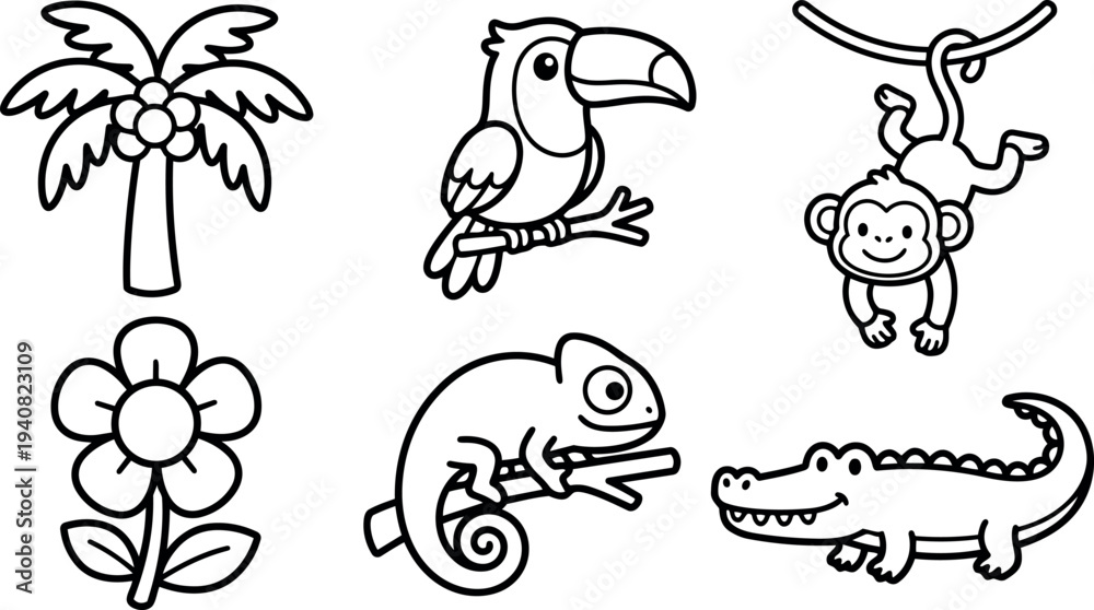 Obraz premium Line art tropical animal icons set with toucan chameleon monkey crocodile palm tree and flower arranged in landscape coloring page