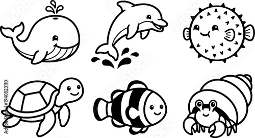 Whimsical kids doodle line art six smiling sea animals whale dolphin pufferfish turtle clownfish hermit crab simple black composition