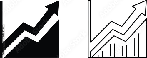 Set of 2 Growth Chart Icons Vector: One Solid Black and One Outline Style, Depicting Upward Trend with Zigzag Line and Arrow for Business and Finance