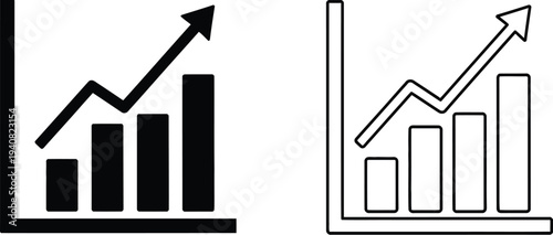 Set of 2 Growth Bar Chart Icons Vector: Solid Black and Outline Style for Business Analytics, Financial Progress, and Marketing Data Visualization