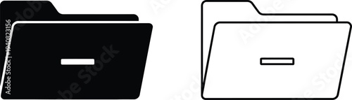 Set of 2 Folder Minus Icons Vector: Black Solid and Outline Style for File Management, Data Removal, and Document Deletion UI/UX Design