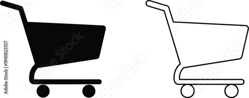 Set of 2 Shopping Cart Icons Vector: One Solid Black and One Outline Style for E-commerce, Retail, and Online Store Designs