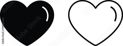 Set of 2 Heart Icons Vector: Black Solid and Outline Design for Love, Like, Favorite, or Valentine's Day Concepts